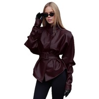 Veste en cuir PU rouge vin vintage de style américain pour l'automne-hiver, col vertical haut de gamme, ceinture ajustée