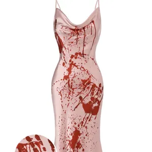 2023 Europe And The USA New Halloween Sexy Blood Print Pink Dress Evening Ball Dress Slip Dress