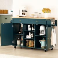 Chariot d'îlot de cuisine à roulettes avec comptoir à feuilles tombantes, table d'îlot de cuisine à porte de grange avec armoire de rangement et support de tour