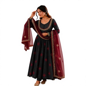 Traje Anarkali largo negro bordado para mujer con dupatta color granate, ropa tradicional india y pakistaní para bodas - Product Image 1