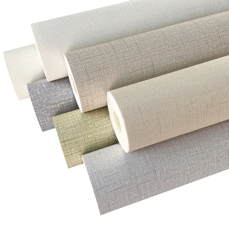 Papel tapiz de PVC tejido de lino moderno para decoración del hogar, rollo de papel tapiz de color sólido para sala de estar y dormitorio, venta al por mayor
