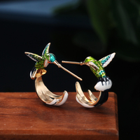Huitan Unique haut bijoux émail oiseaux boucles d'oreilles bohême coloré vert oiseaux or pierre naturelle belle boucle d'oreille