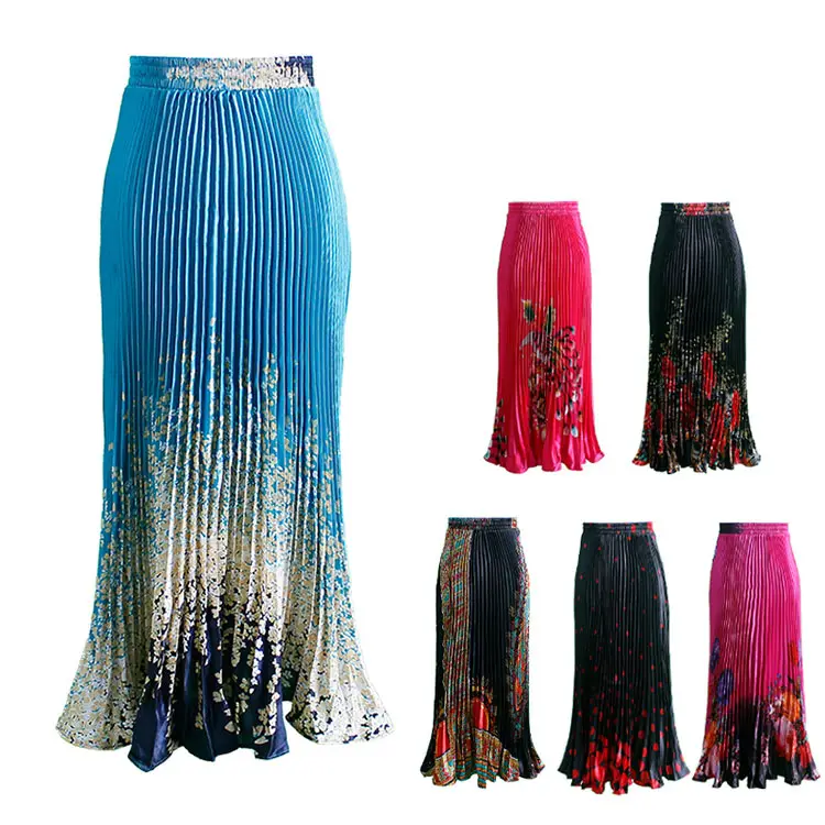 2022 Latest Women Skirts Spring Summer Printed Color Long Pleated Skirt Mermaid Satin Maxi Skirt