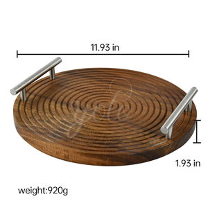 Nouveaux ustensiles ronds en bois d'acacia conçus plateau de service avec poignée en métal doré de qualité alimentaire pour le petit déjeuner au lit déjeuner dîner - Product Image 4