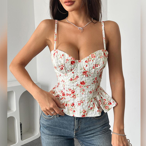 In Stock 2026 Spring Summer Vintage Bustier Crop <strong>Top</strong> with Peplum Hem Romantic Floral Prin Deep V Waist Cinching <strong>Corset</strong> De Mujer - Product Image 4