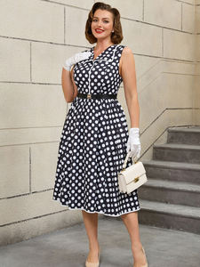 AOMEIラペルカラーノースリーブサマーサンドレスカジュアルブラックホワイト水玉ドレスベルト付き - Product Image 2