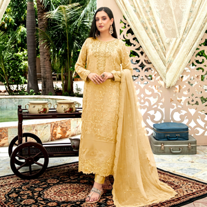 Ensemble Anarkali en rayonne brodée dorée avec dupatta, longueur cheville, tenue traditionnelle indienne et pakistanaise pour mariage, pour femme - Product Image 1
