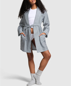 Bergaris wanita jubah untuk musim gugur musim dingin <span class=keywords><strong>Satin</strong></span> katun baju tidur rumah tangga dengan V-Neck pinggang dasi rumah tangga