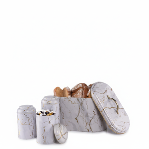 4 Pcs Round Tin <b>Box</b> Kitchen <b>Set</b> Dome Lid Marble White Marble White Design - Product Image 2