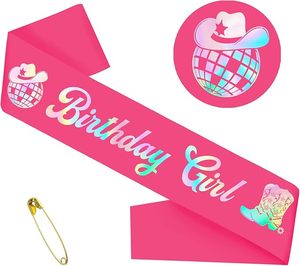 Écharpe d'anniversaire pour femme avec feuille irisée rose vif, style cowgirl disco, pour décoration de fête western - Product Image 1