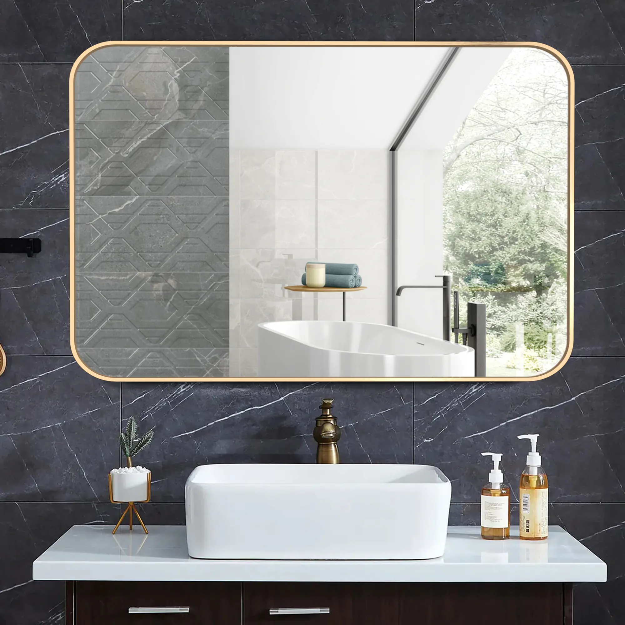 Good quality gold aluminum alloy frame modern home decor rounded rectangular mirror