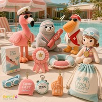 Ensemble de peluches de créateur sur le thème des animaux tropicaux pour fête au bord de la piscine, peluches douces Flamant rose, Phoque, Pélican, Sauveteur