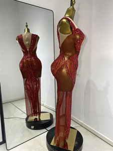 Abito Lungo Sexy Europeo-Americano per l'Estate, Rosso Brillante con Paillettes e Cristalli, <span class=keywords><strong>in</strong></span> <span class=keywords><strong>Tulle</strong></span> <span class=keywords><strong>Trasparente</strong></span> per Cantanti, Spettacoli e Feste - Product Image 3