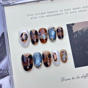 Nuevo Producto Lanzado, Uñas Postizas Hechas a Mano con Diseño Retro <span class=keywords><strong>de</strong></span> Ojo <span class=keywords><strong>de</strong></span> Gato, Color Caramelo Marrón Marmoleado, Negro y Dorado, Estilo Tortoiseshell, para Otoño-Invierno - Product Image 1