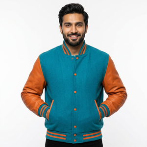 Veste de sport universitaire en mélange de laine avec détails en cuir, idéale pour les groupes sportifs, coupe adaptée aux jeunes, personnalisable - Product Image 1