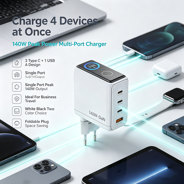 High Efficiency 140W GaN Charger | 4 Port USB C PD Fast Charging Adapter Digital Display Multi Port Power Charger | Home Office