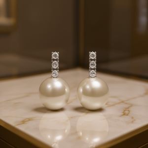 Boucles d'oreilles pendantes en or blanc E3778 avec perle d'imitation et diamants ronds taille brillant pour femme, style classique de mariage - Product Image 2