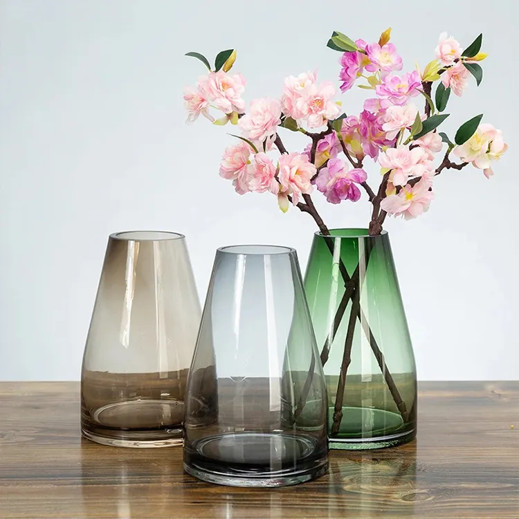 Colore primario conico cambiamento graduale colore soffiato accessori per la decorazione della casa vaso di vetro per cultura dell'acqua per pianta