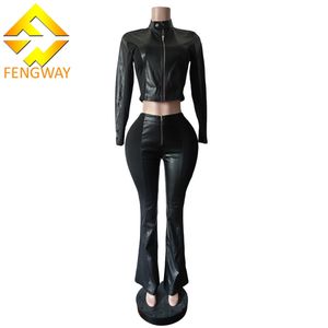 เสื้อแจ็คเก็ตหนัง2ชิ้นสำหรับผู้หญิงเสื้อครอปและกางเกงขายาวลำลองแนวสตรีท Y2K - Product Image 2