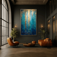 Peinture abstraite verticale surdimensionnée bleu sarcelle avec rayures dorées, art sur toile fluide pour grand hall, villa, hall à haut plafond