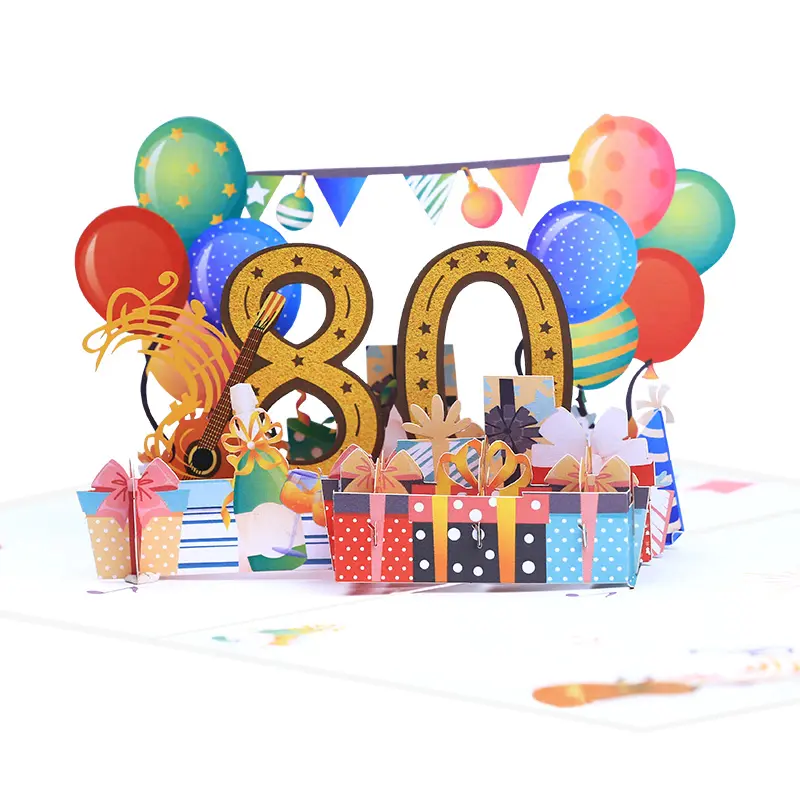 100 번째 60 번째 최신 디자인 생일 축하 선물 풍선 색종이 조각 3D 팝업 인사말 카드 음악 및 가벼운 생일 3D 팝업 카드