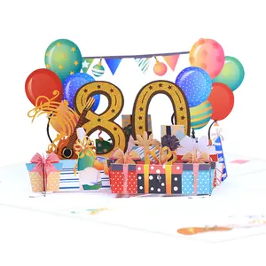 Cartão pop-up 3D de felicitações e música para aniversário, desenho mais recente de 100 e 60 aniversários, balões de confete, cartões pop-up 3D com luz e música