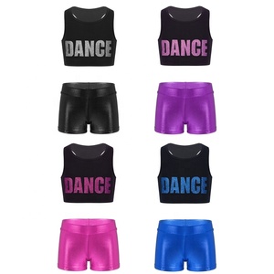 Ensemble de gymnastique pour filles en Spandex brillant métallisé, avec haut court dos nageur imprimé DANCE et short moulant, pour l'entraînement et la danse, vêtements de sport pour enfants - Product Image 1