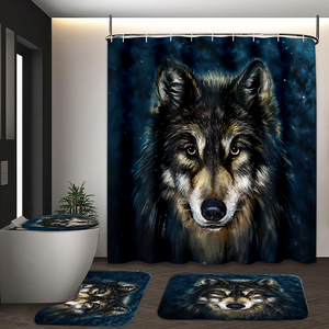Juego de Cortina de Ducha de Poliéster con Estampado de Lobo <span class=keywords><strong>Husky</strong></span> de Muyu Wholesale, 4 Piezas, Impermeable, Ecológico, Decoración para Baño, Alfombrillas Antideslizantes para Inodoro - Product Image 6