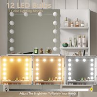 Modes d'éclairage réglables Bureau de coiffeuse à panneaux en bois avec 5 tiroirs Miroir LED Design moderne pour la préparation du maquillage dans la chambre à coucher