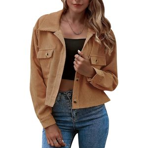 <b>Womens</b> Cropped <b>Corduroy</b> Jacket Button Down <b>Shacket</b> Full Sleeve Spring Lightweight Utility Style Jacket - Product Image 1
