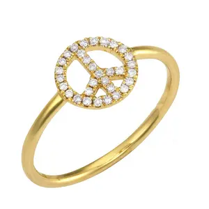 Latest 925 sterling silver 14-karat gold pave diamond peace sign ring for woman