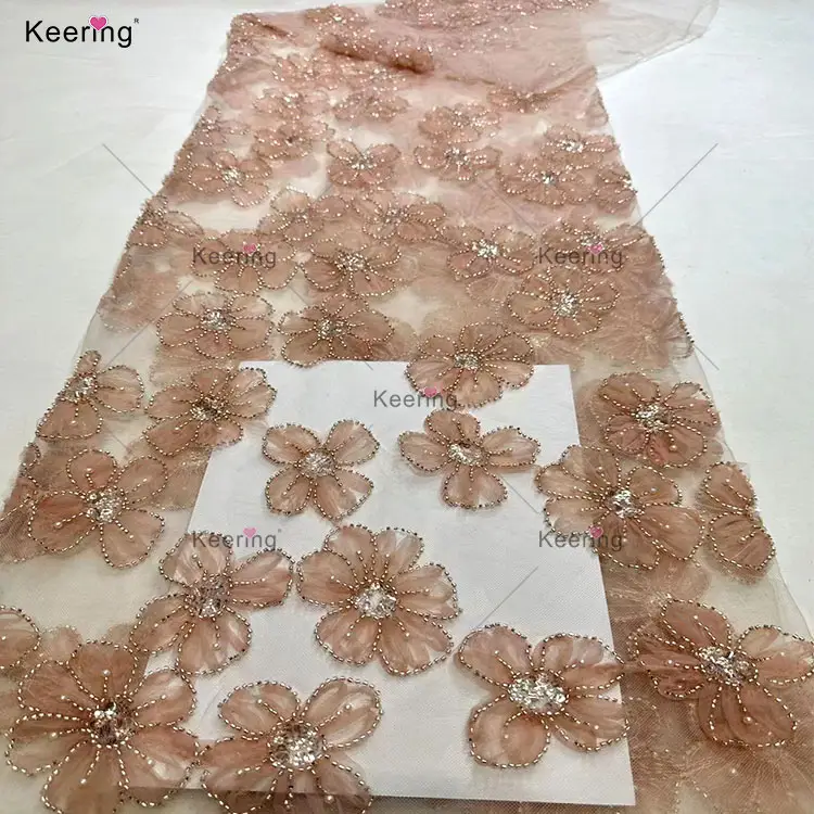 Keering mujer flor azul bordado gasa encaje diamantes de imitación lentejuelas y tela con cuentas para vestidos