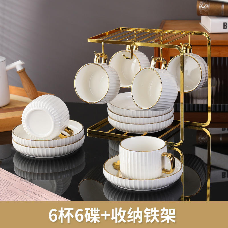 ถ้วย 6 ใบและจานรอง 6 ใบ ลายทางสีขาว ชุบทอง