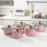 Batterie de cuisine de luxe en acier inoxydable triple couche, sans revêtement, avec couvercles et fenêtre de visualisation en verre, compatible tous feux, design moderne, casserole rose
