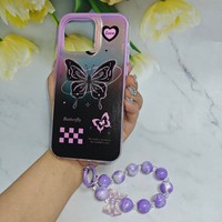 Coque de téléphone mignonne avec cordon, effet réfléchissant, pour iPhone 15 Pro Max, 14 Plus, 13, 12, 11, motif papillon