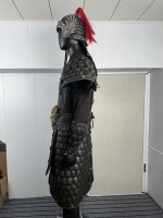 Ensemble d'armure ancienne chinoise à écailles noires, costume de guerrier avec dragon en relief, casque à ailes de phénix, pour homme, en matériaux fonctionnels