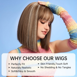 Perruques pour femmes <span class=keywords><strong>mi</strong></span>-longues et droites brun blond rayé longue <span class=keywords><strong>frange</strong></span> <span class=keywords><strong>cheveux</strong></span> artificiels Rose Net mat perruques en fibres synthétiques - Product Image 3