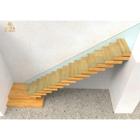 Escalier flottant moderne pour la maison, design d'escalier avec marches en bois et fixation par balustrade en verre pour maisons