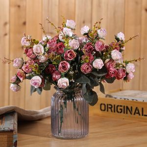 Ramo di fiori artificiali 21 teste foglia di seta rosa Bouquet di decorazioni floreali per matrimoni confezione da 2 caffè rosa di piccole dimensioni - Product Image 5
