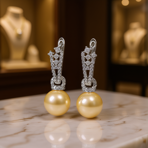 Orecchini Mikimoto con perle del Mare del Sud, in argento 925 placcato rodio, con perle coltivate gialle rotonde AAA, classici gioielli da sposa - Product Image 2