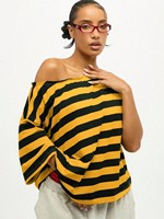 T-shirt rayé à épaules dénudées pour femmes, coupe ample, tricoté, manches courtes, streetwear d'été