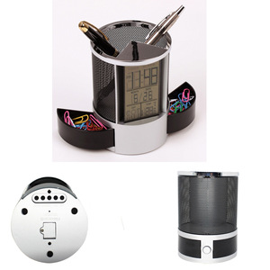 Stainless Steel Mesh Electronic Pen Holder <b>Clock</b> With <b>Digital</b> Calendar And Temperature Display For Office <b>Desk</b> Use - Product Image 4