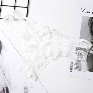 Tanga sexy de encaje hueco con lazo, transparente, con tiras cruzadas, de malla, tentadora - Product Image 5