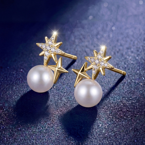 Boucles d'oreilles pendantes en argent S925 plaqué or avec CZ et perle d'eau douce étoile du Nord, bijoux célestes, cadeau pour femme - Product Image 2