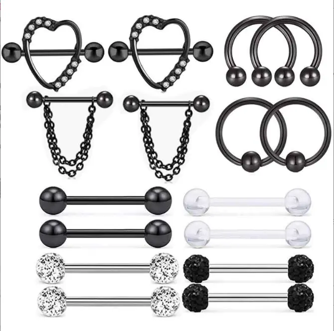 Tipos Hombre Cadena de titanio Niñas 2024 Acero inoxidable Diamante en forma de corazón Hombres Barra perforada Pezón Piercing Conjunto Anillo para niña