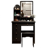 Bureau de maquillage moderne noir avec miroir éclairé par LED, 4 tiroirs, étagères de rangement