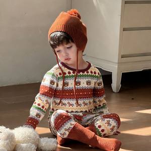 Комплект зимней пижамы из чистого хлопка с мультяшным принтом для дома. Базовый слой одежды класса А без костюмной тесьмы. - Product Image 2