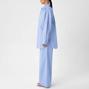 Abiti classici <span class=keywords><strong>in</strong></span> <span class=keywords><strong>cotone</strong></span> a maniche lunghe a righe blu 2025 Set di 2 pezzi da <span class=keywords><strong>donna</strong></span> Set di pantaloni e camicia da <span class=keywords><strong>donna</strong></span> autunnali - Product Image 3