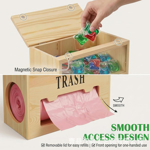 Wooden <b>laundry</b> detergent pod <b>storage</b> box with lid, kitchen countertop trash can bag roll <b>storage</b> box, cling film - Product Image 1