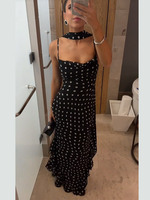 Vente en gros usine – Nouvelle collection d'été : Robe élégante vintage sans col pour femme, à fines bretelles, motif pois, avec écharpe à volants au cou et taille haute en mousseline de soie